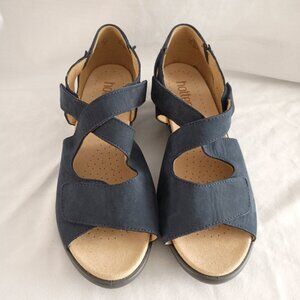 Hotter Riga Navy Nubuck Wedge Sandals Women 7.5 EEE Extra Wide Comfort